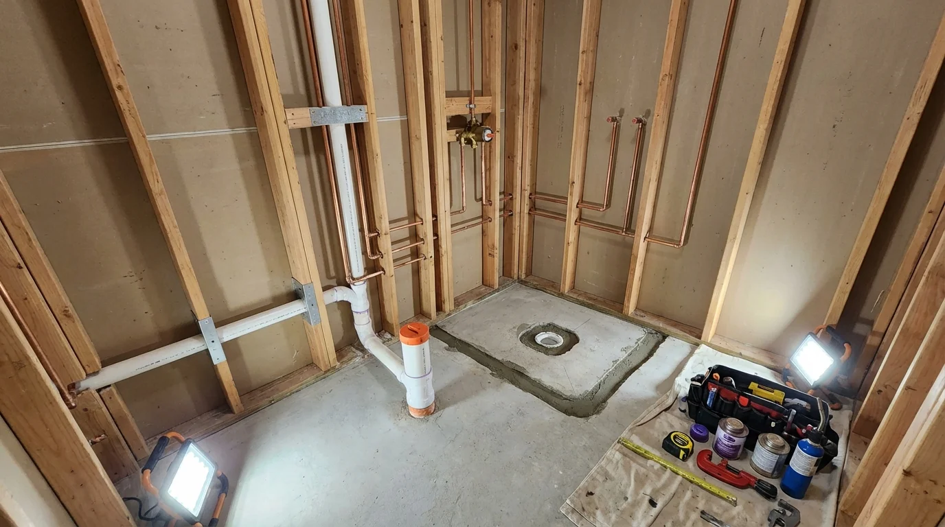 Bathroom rough-in plumbing during remodel by Johns Plumbing LLC in Storm Lake