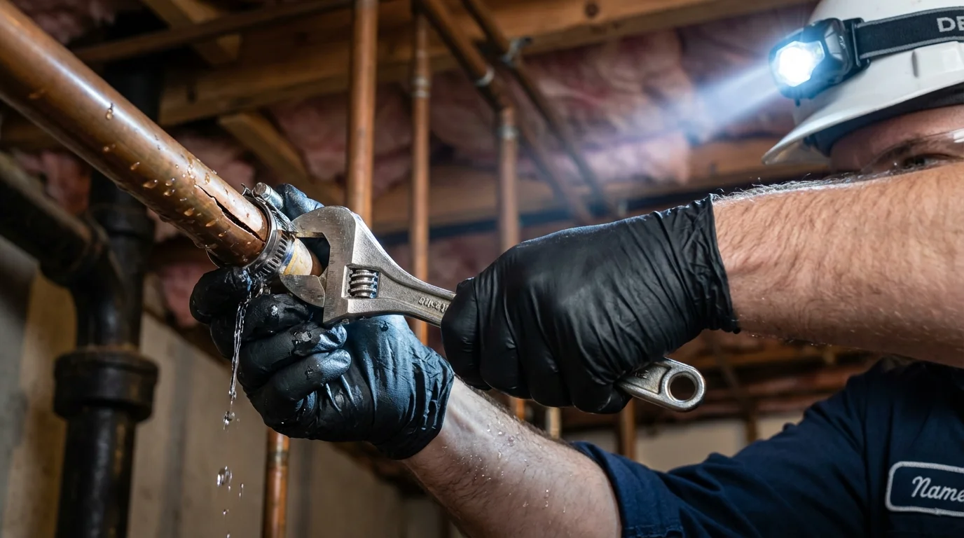 Emergency pipe clamp repair being performed by a Johns Plumbing LLC plumber in Storm Lake
