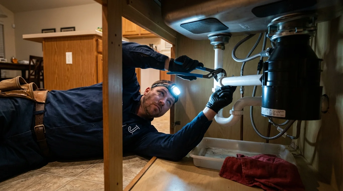 P-trap and supply line connections under a kitchen sink showing a common leak point in Storm Lake, IA